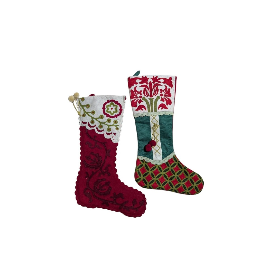 2 Pier 1 Christmas Stocking Holiday Stenciled Felt & Pom Poms Acrylic 19"